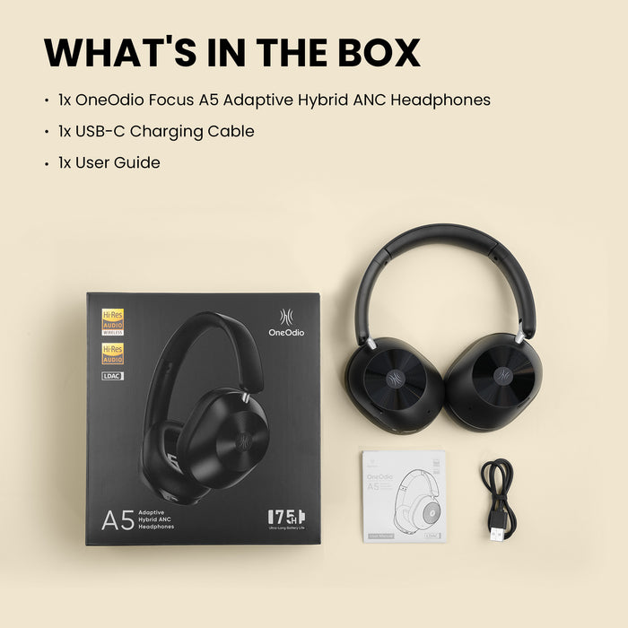 Focus A5 ANC støjreducerende hovedtelefoner fra Oneodio - Bluetooth 5.4 trådløse hovedtelefoner med -45dB Hybrid Active Noise Cancelling Over-Ear Headset, ENC Mic, Hi-Res LDAC - Perfekt til støjreduktionsbehov i lydoplevelser af høj kvalitet