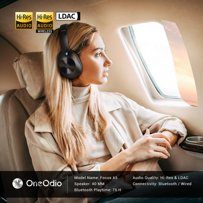 Focus A5 ANC støjreducerende hovedtelefoner fra Oneodio - Bluetooth 5.4 trådløse hovedtelefoner med -45dB Hybrid Active Noise Cancelling Over-Ear Headset, ENC Mic, Hi-Res LDAC - Perfekt til støjreduktionsbehov i lydoplevelser af høj kvalitet