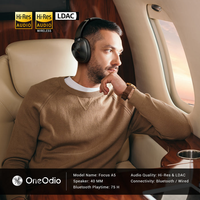 Focus A5 ANC støjreducerende hovedtelefoner fra Oneodio - Bluetooth 5.4 trådløse hovedtelefoner med -45dB Hybrid Active Noise Cancelling Over-Ear Headset, ENC Mic, Hi-Res LDAC - Perfekt til støjreduktionsbehov i lydoplevelser af høj kvalitet