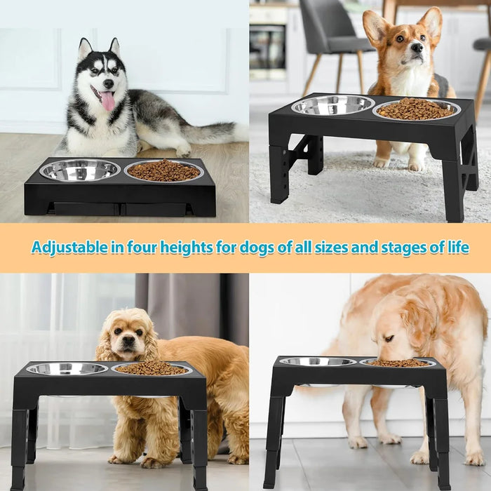 Adjustable Elevated Dog Feeder with Double Stainless Steel Bowls — Small to Large Dogs