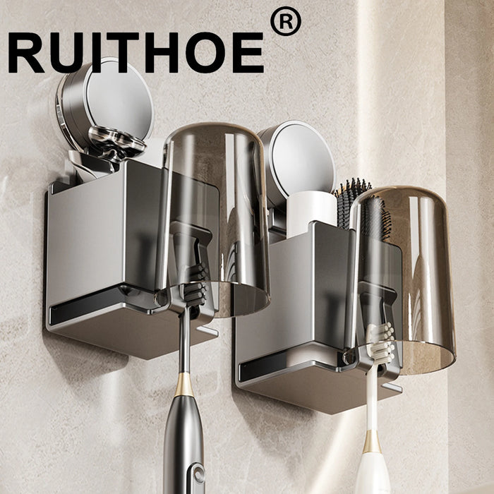 Suction-Cup Toothbrush Holder with Squeezer and Mouthwash Cup — Perforation-Free