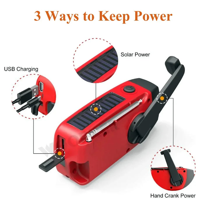 Mini Solar Crank Radio — AM/FM & 7‑Channel NOAA, USB Phone Charger, 3‑LED Torch, Waterproof