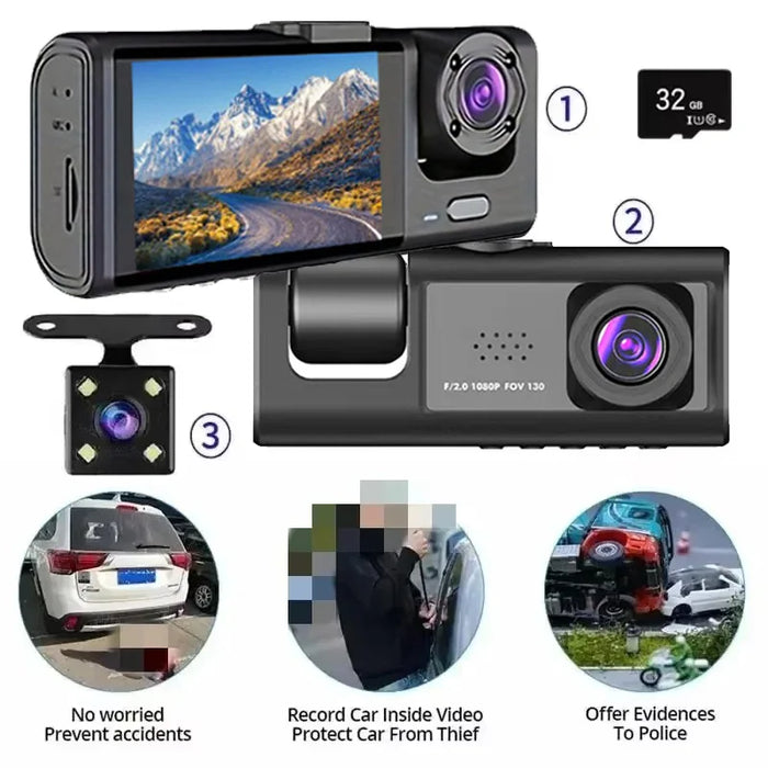 Dashcam 1080p with IR Night Vision, 2" IPS Screen, Loop Recording — 2 or 3 Camera DVR