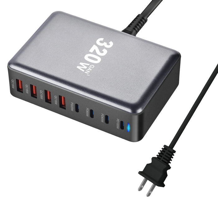 320W GaN Desktop Charger — 8‑Port USB‑C & USB‑A PD Station (Model 4C4A)