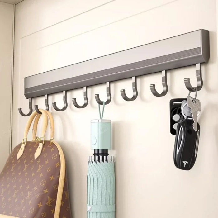 Drill-Free Wall-Mounted Aluminium Hook Rack — 6/8/10 Hook Options