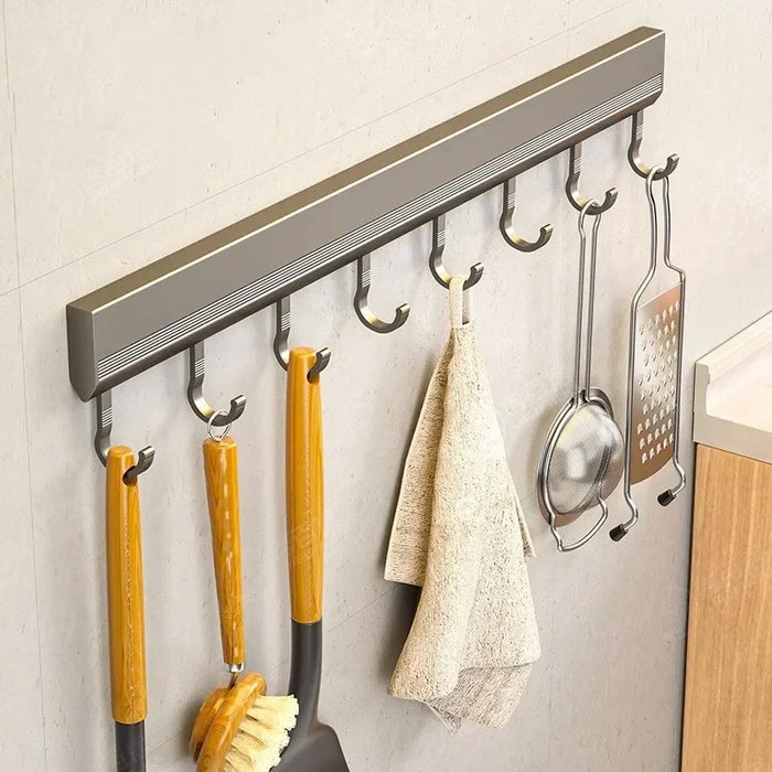 Drill-Free Wall-Mounted Aluminium Hook Rack — 6/8/10 Hook Options
