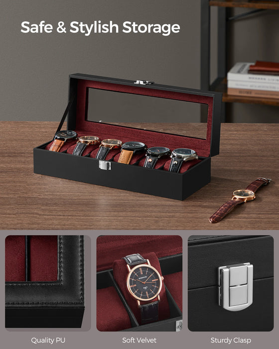 Watch Box for 6 Watches with Glass Lid and Removable Pillows