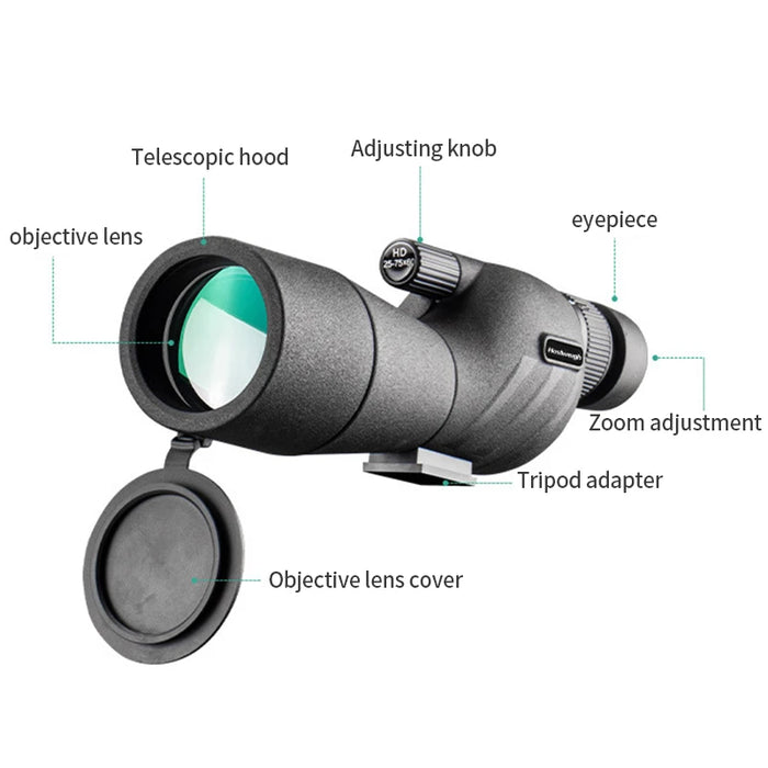 25–75x60 HD Spotting Scope Monocular — Waterproof Zoom for Birdwatching & Camping
