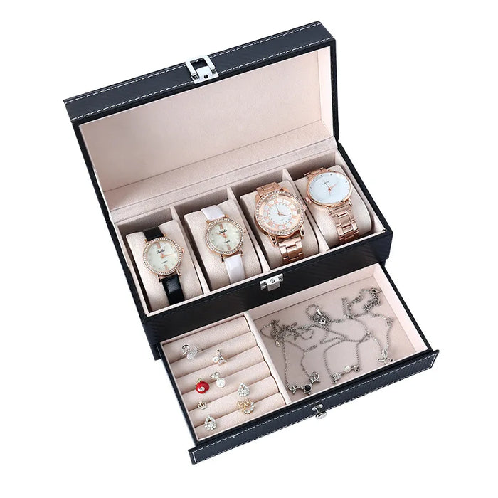 4‑Position Double‑Layer PU Leather Jewellery & Watch Storage Box