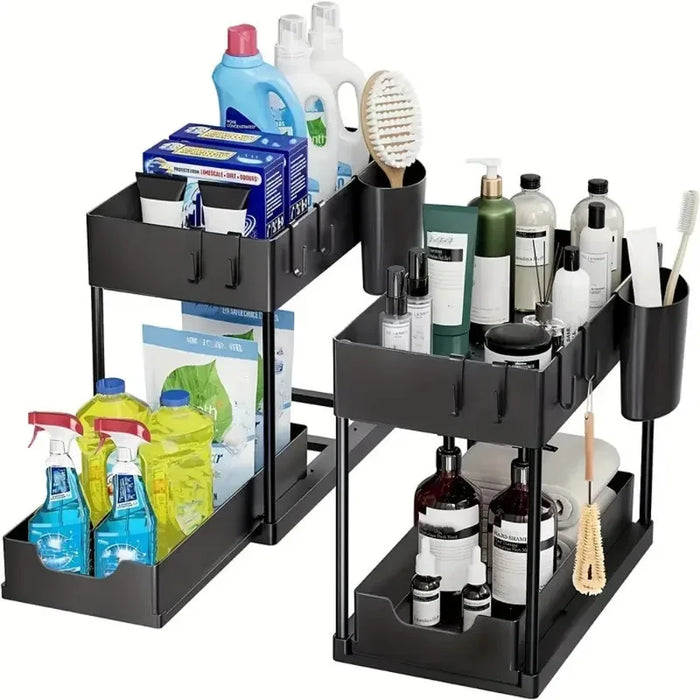 2-Tier Sliding Under-Sink Organiser – Cabinet Basket with Hooks & Hanging Cup