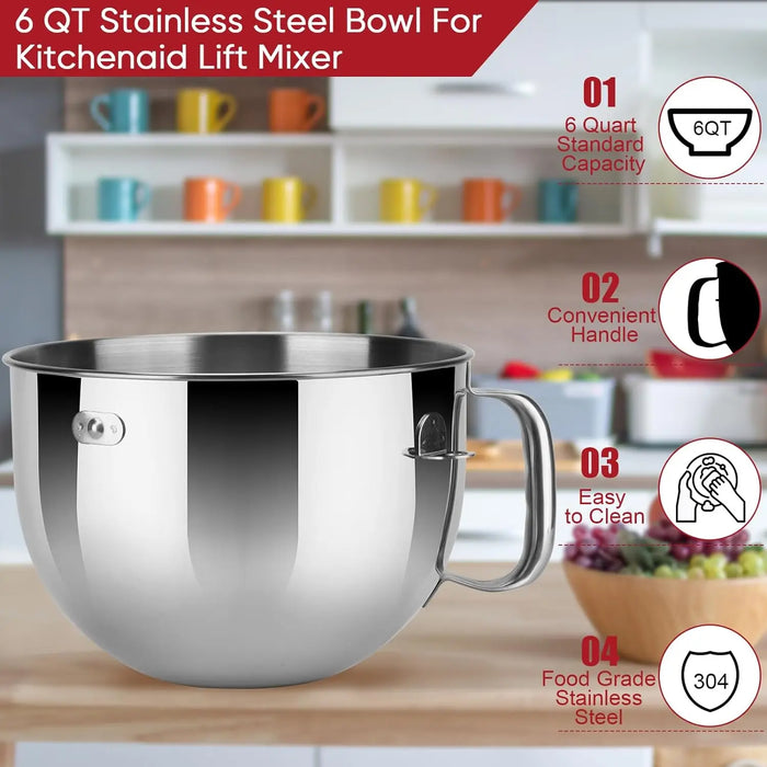 6-Quart Stainless Steel Mixing Bowl for KitchenAid Epicurean & Professional Bowl-Lift Mixers