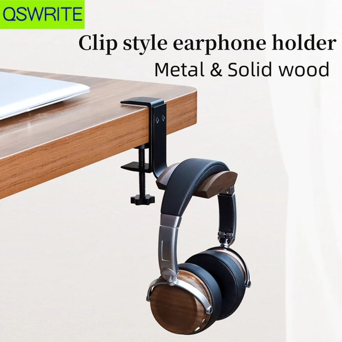 Clip-style Desktop Headphone & Earphone Holder — Aluminium Alloy & Solid Wood