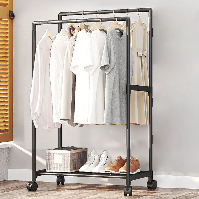 Double‑Rod Mobile Clothes Rack with Wheels — Black Metal