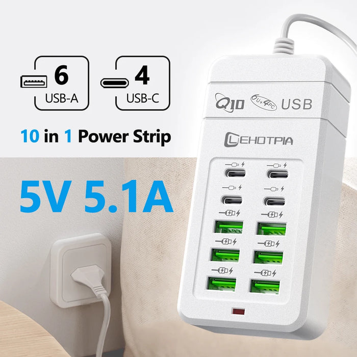 6x USB-A & 4x USB-C Multi‑Plug USB Charger with 1.2m Cord — EU/UK/US