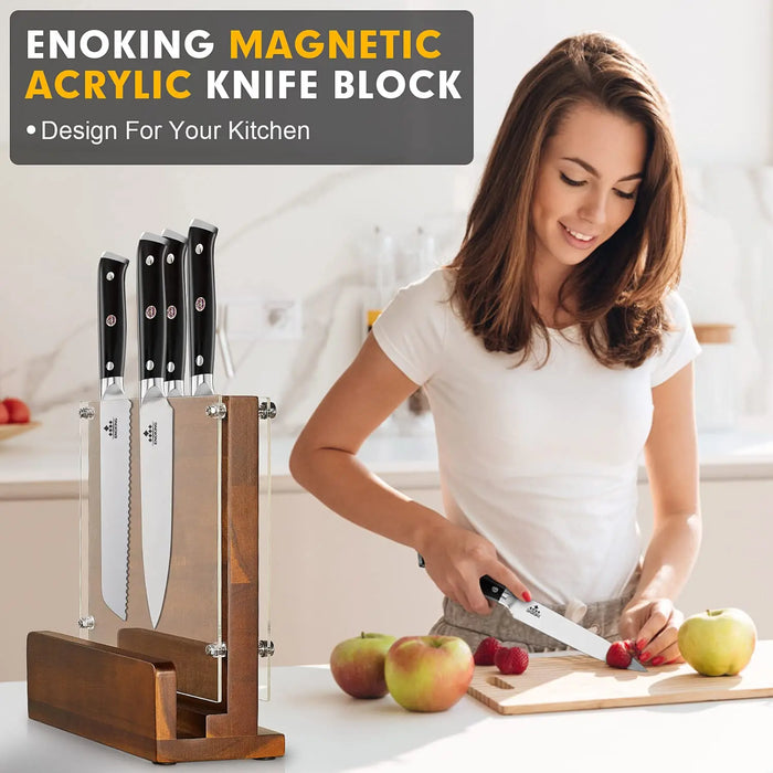 Double‑Sided Magnetic Knife Block with Acrylic Shield — Acacia Wood