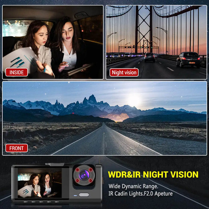Dash Cam 1080p Full HD with IR Night Vision, 2-inch IPS Screen — 2- or 3-Camera DVR