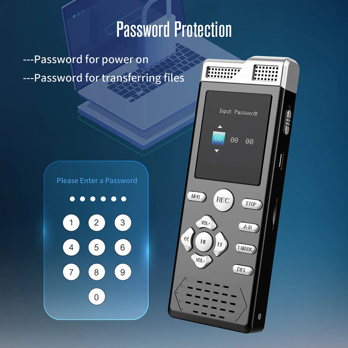 Digital Voice Recorder & MP3 Player — Dual Microphones, Voice‑Activated, Password Protection, Line‑in