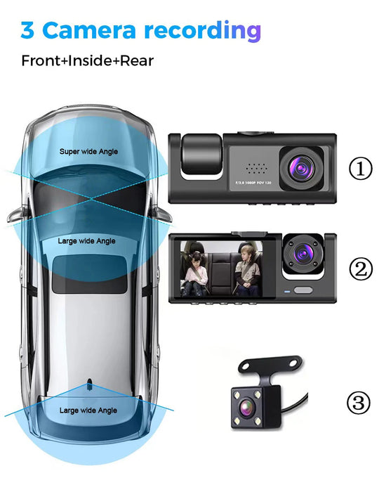 Dash Cam 1080p Full HD with IR Night Vision, 2-inch IPS Screen — 2- or 3-Camera DVR