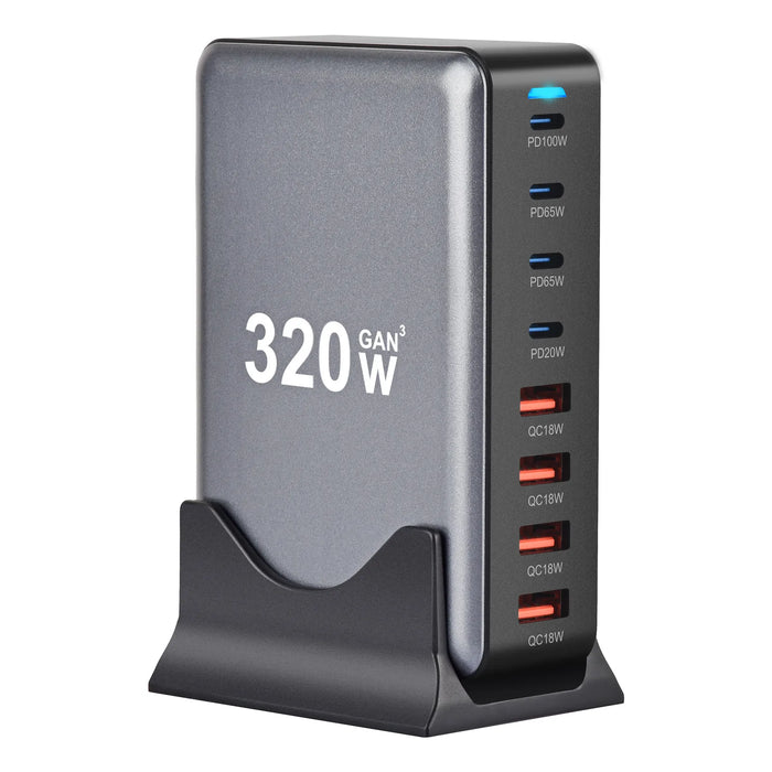 320W GaN Desktop Charger — 8‑Port USB‑C & USB‑A PD Station (Model 4C4A)
