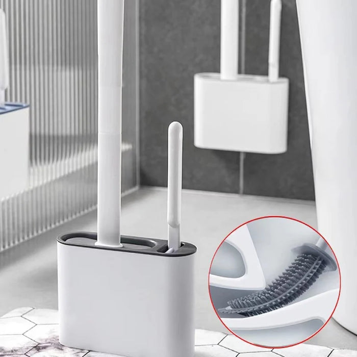 Wall-hanging Toilet Brush & Holder — Long Handle, Silicone Bristles (Grey or Blue)