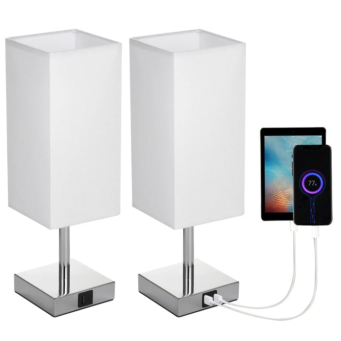 Bordlampe med stofskærm - varm hvid LED-pære, berøringskontrol, skrivebordslampe, USB A- og Type-C-opladningsporte - ideel til natborde, arbejdsborde og studieområder