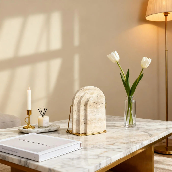Travertine Marble Bookend — Natural Stone Desk & Bookshelf Accent (1 Piece)