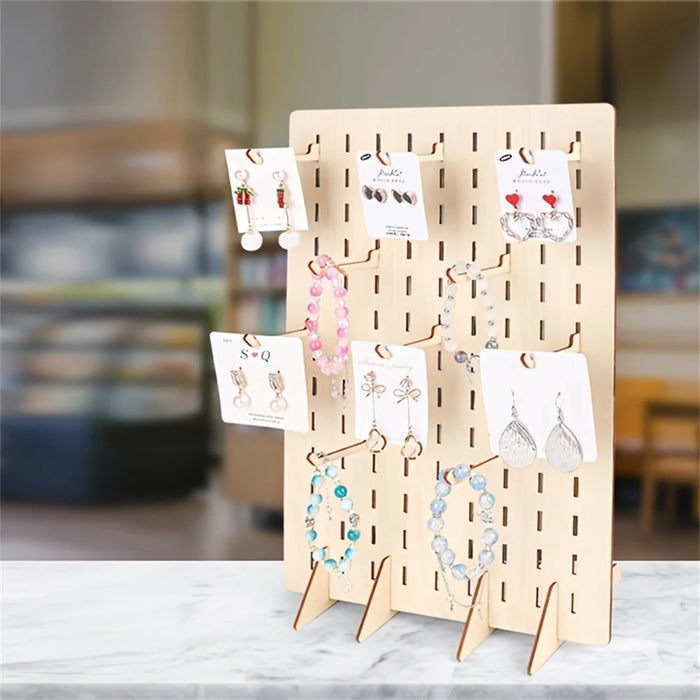 Jewellery Display Stand – 15-Hook Earring & Necklace Rack, Gold Finish with Wooden Base
