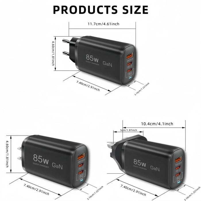 85W GaN USB‑C Charger – PD/PPS/QC Fast Charge, 2x USB‑C + USB‑A (UK/EU/US/KR)