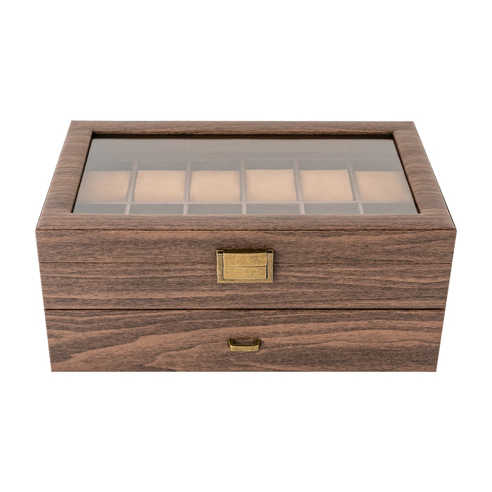 24-Slot Watch Box — Brown PU & Wood Display Case with Glass Lid