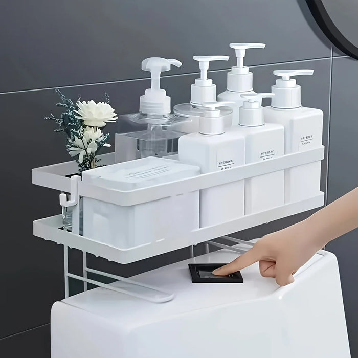 Non-Perforated Single-Tier Bathroom Storage Rack — Compact Toilet Shelf (White/Black)