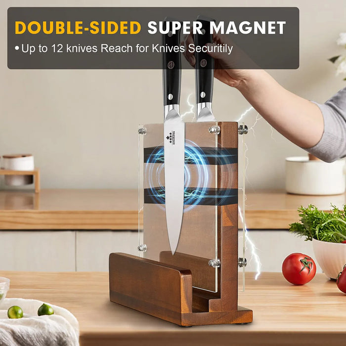 Double‑Sided Magnetic Knife Block with Acrylic Shield — Acacia Wood
