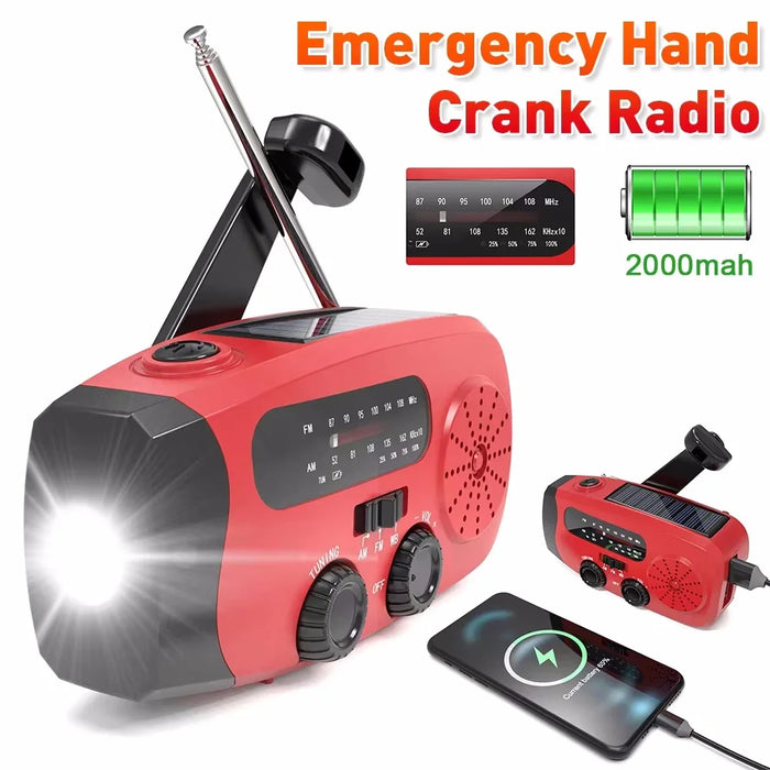 Solar Hand-Crank Emergency Radio with LED Torch — 2000mAh, USB Charging