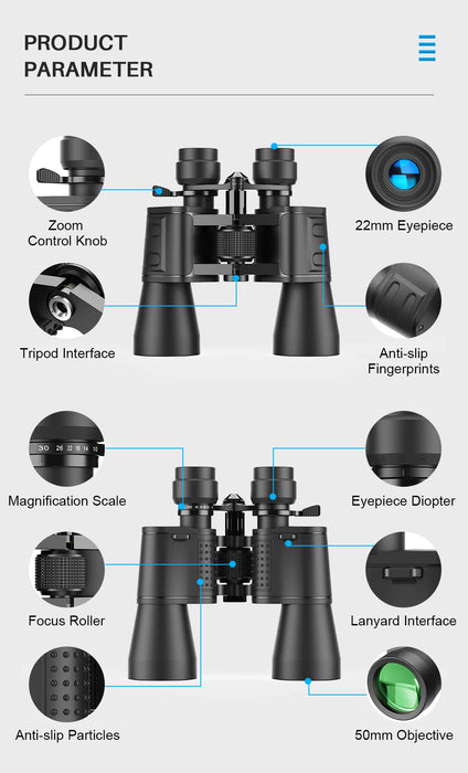 10–30x50 Zoom Binoculars — High-Power for Hunting, Birdwatching & Camping