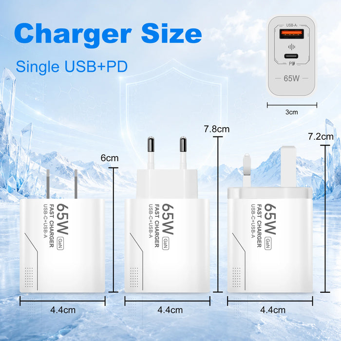 65W GaN Dual-Port USB Charger — USB-C & USB-A, EU/US Plug Options