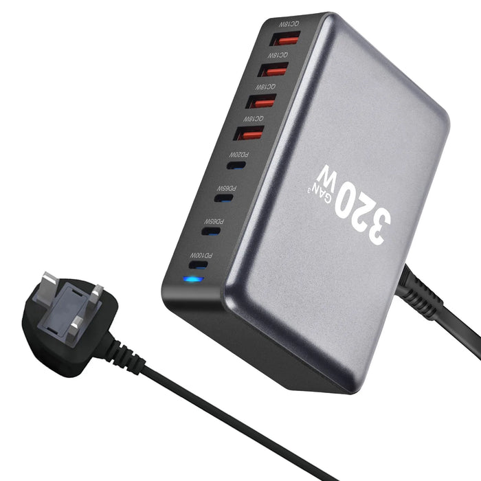 320W GaN Desktop Charger — 8‑Port USB‑C & USB‑A PD Station (Model 4C4A)