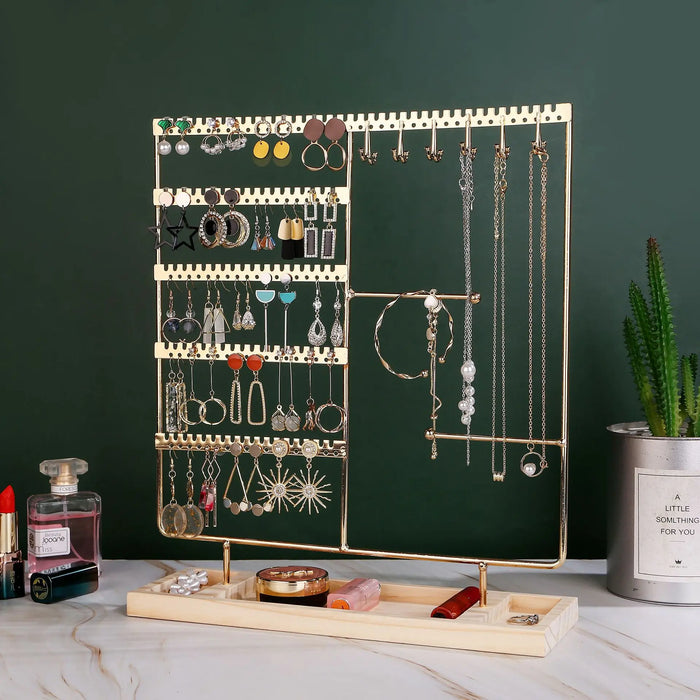 Multifunctional Metal Jewellery Display Rack with Detachable Wooden Base