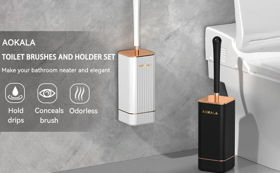 Aokala Silicone Toilet Brush & Holder — 40cm Long Handle, Wall or Floor Mount, Black or White with Rose Gold Trim