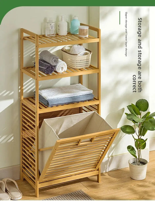 3/4-Tier Bamboo Laundry Hamper & Bathroom Rack with Pull-Out Shelves