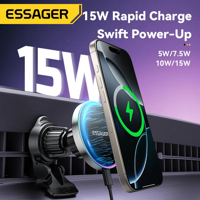 15W Magnetic Wireless Car Charger & Holder for iPhone 12–16 (MagSafe) with RGB