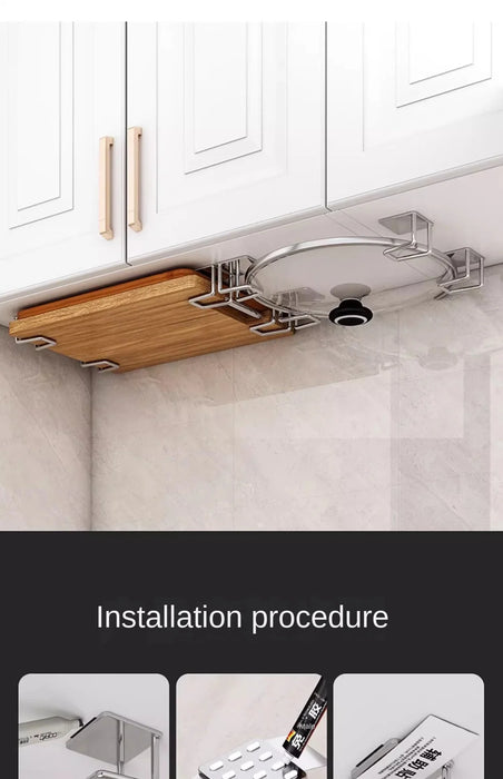 Stainless Steel Non-Perforated Kitchen Rack — Wall-Mounted Pot Lid & Cutting Board Holder