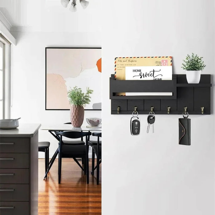 Rustic Wood Key Rack & Mail Organiser — 6 Hooks with Shelf, Wall-Mounted