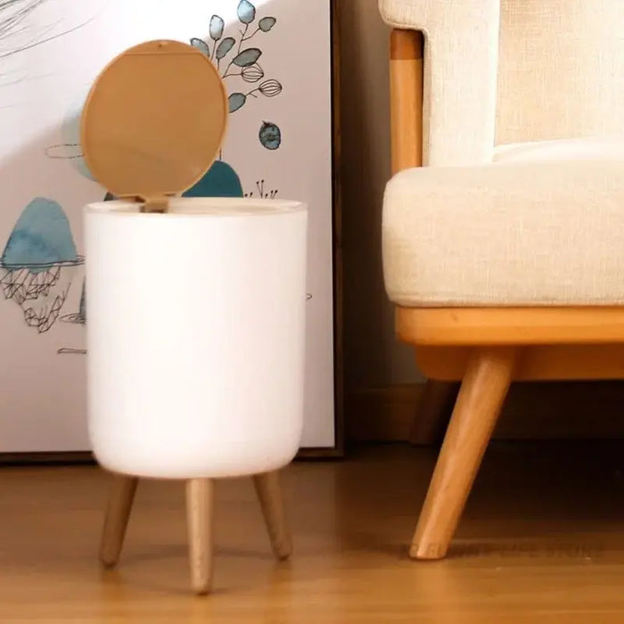 7L Round Wood‑Grain Press Dustbin with Legs