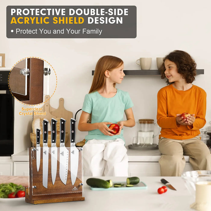 Double‑Sided Magnetic Knife Block with Acrylic Shield — Acacia Wood