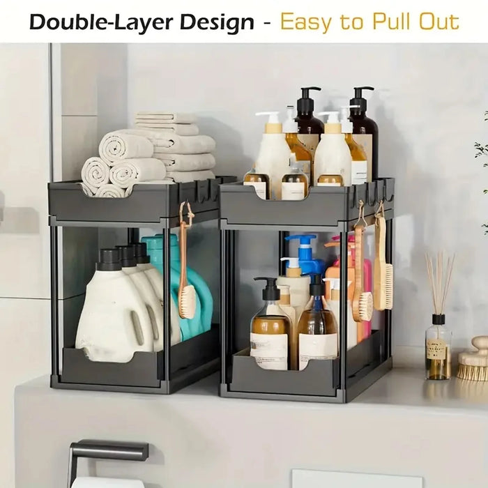 Double-Layer Pull-Out Storage Rack with 5 Hooks — PP Drawer Organiser for Kitchen & Bathroom