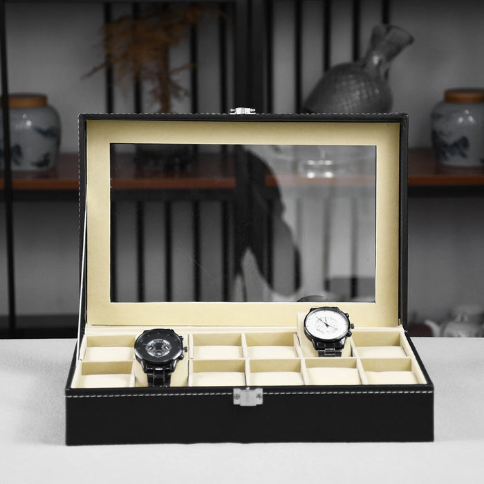 PU Leather Watch Display Box — 10 or 12-Slot Glass-Top Case