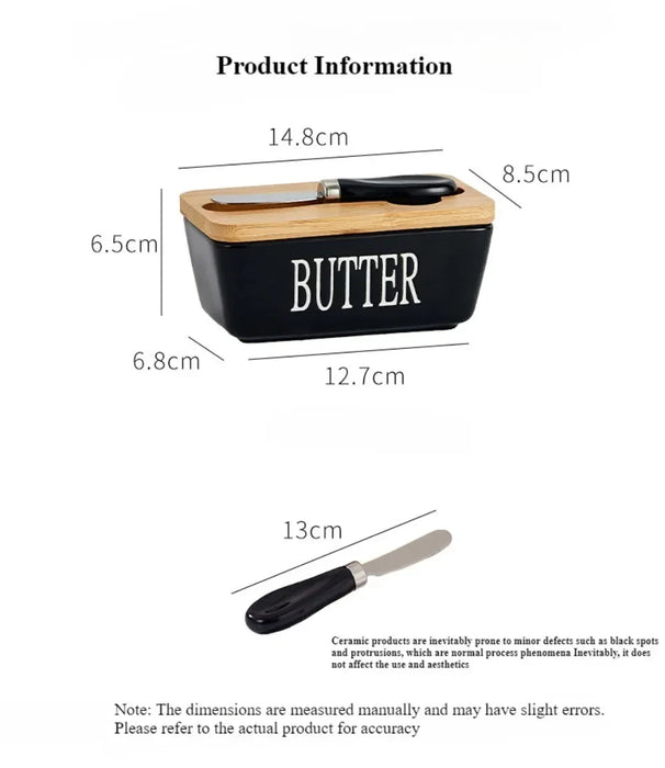 Ceramic Butter & Cheese Storage Box with Bamboo Lid and Knife — 14.8×8.5×6cm