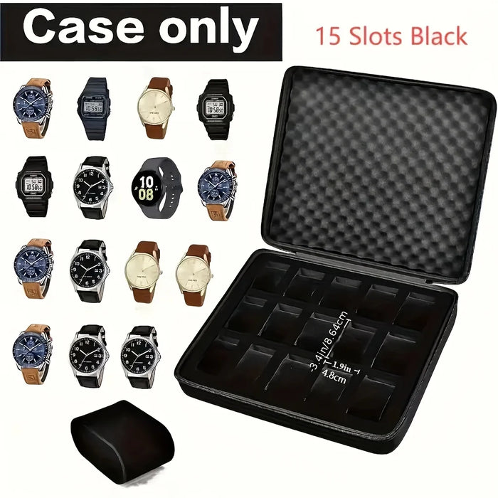 15-Slot Watch & Jewellery Storage Box — Velvet, Portable, Black