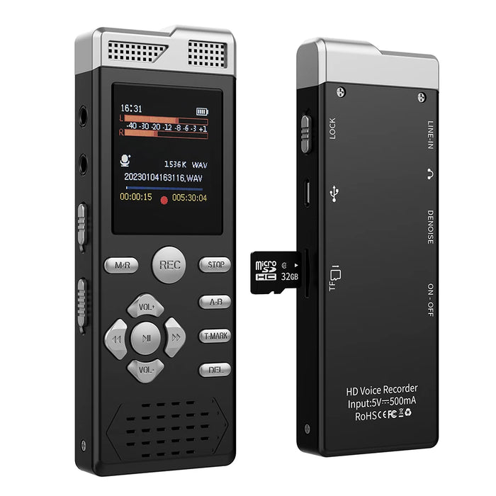 Digital Voice Recorder & MP3 Player — Dual Microphones, Voice‑Activated, Password Protection, Line‑in