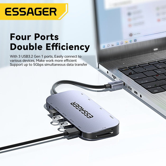 Essager 11-in-1 USB-C Hub - 4K 30Hz Type C Docking Station, MacBook Air Pro Adapter Splitter, HDMI-Compatible & RJ45 - Perfect for Laptops and Enhancing Connectivity - Shopsta EU