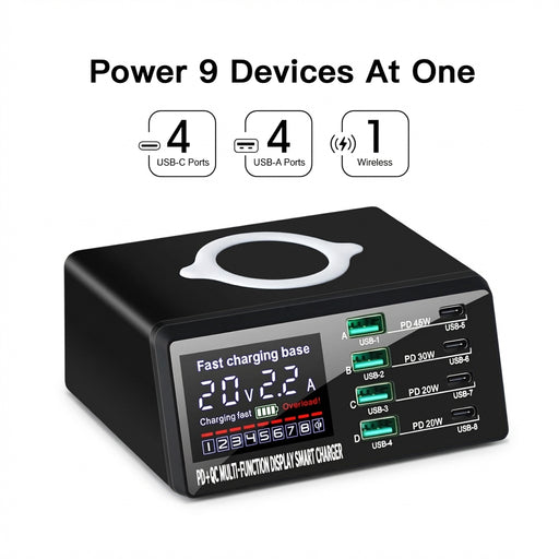 110W 8-Port USB Charging Station — 45W PD USB-C, QC3.0 & 15W Wireless (GaN)